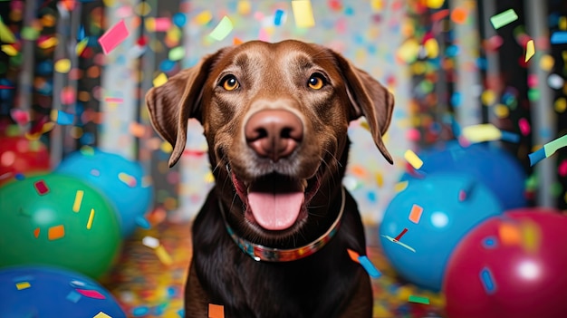 joyful Labrador retriever wearing a vibrant birthday cap surrounded by colorful confetti and balloons a delicious dogfriendly cake in front capturing the dog39s excitement and happiness dog