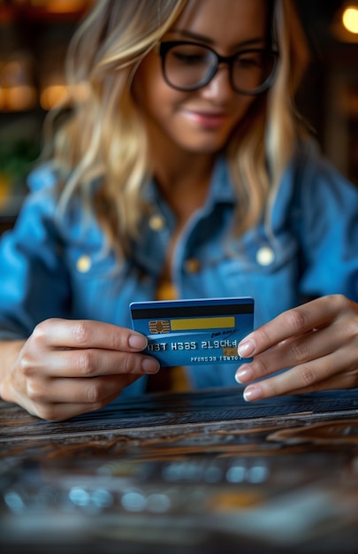 A joyful lady in a blue blouse holds a credit card for internet purchasing