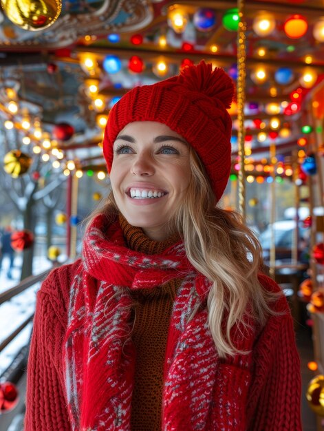 Photo joyful lady gleefully rides carousel in a vividly lit festive setting