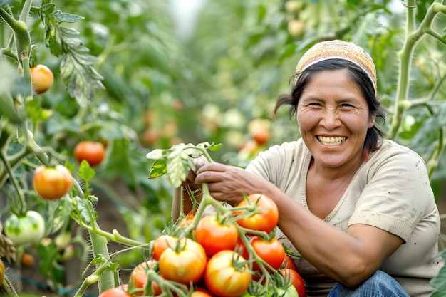 Joyful Latina Farmer Tending to Bountiful Tomato Crop in Lush Countryside