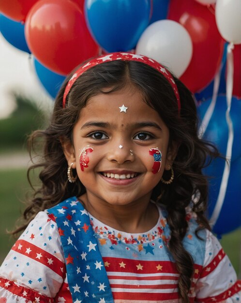 Joyful Latina Girl with American Flag Face Paint