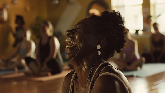 Joyful laughter in a yoga class filled with diverse individuals