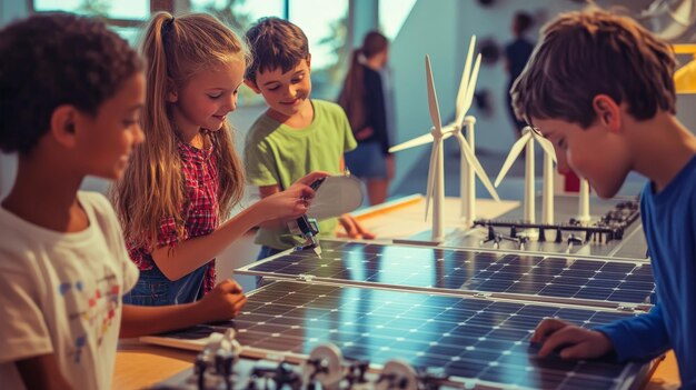 Photo joyful learning about renewable energy with kids ai generated