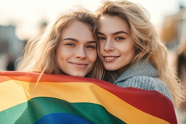 Joyful lesbian couple of two girls holding an LGBT flag in their hands happiness and love concept