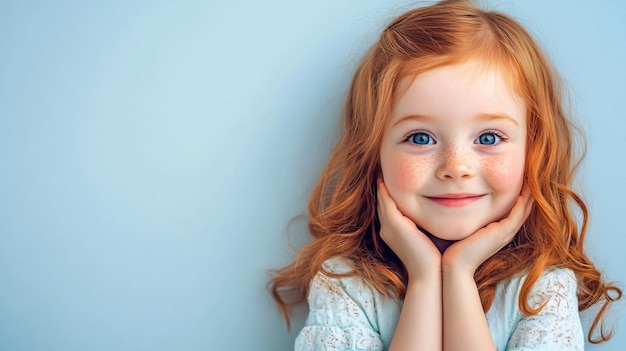 Joyful Little Girl Portrait on Light Blue Background