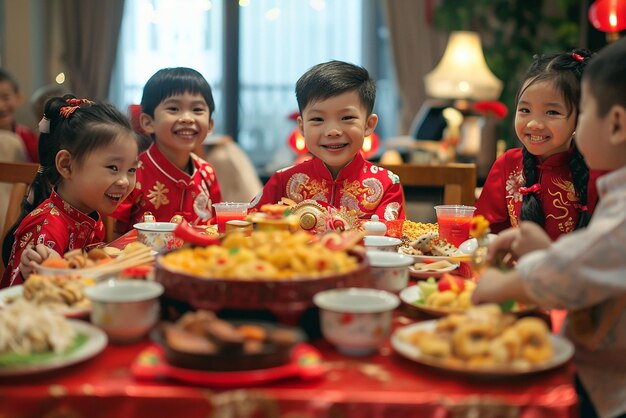 Joyful Lunar New Year gathering with traditional food and decor