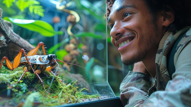 Photo joyful man admiring a madagascar hissing cockroach in a terrarium exotic pet owner with his insect concept of hobby entomology insect keeping pet care and nature enthusiasm