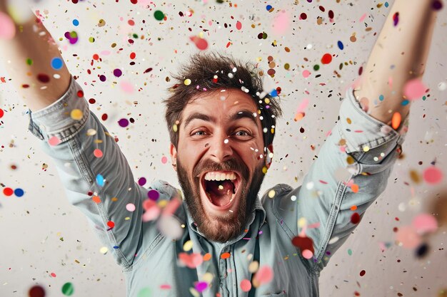 Photo joyful man celebrating with hands raised in confettifilled space