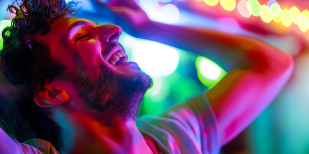 Photo joyful man dancing under neon lights at night party with colorful bokeh effect