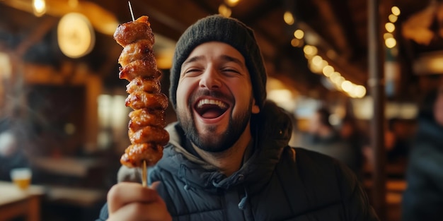 Photo a joyful man enjoys delicious grilled skewers at a cozy indoor food market the warm atmosphere and lively background enhance his smiling expression ideal for food lovers ai