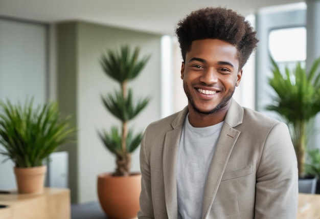 A joyful man in a grey blazer stands in a modern office with greenery his charisma is palpable and