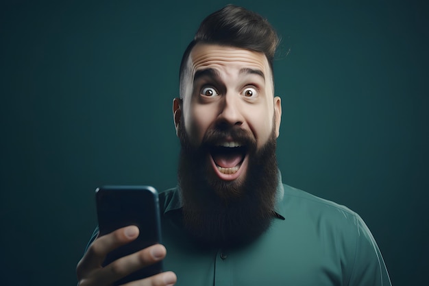 Joyful man holding a smartphone in his hands isolated on a gray studio background holding smartphone