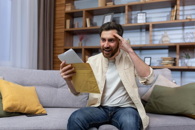 Joyful man at home holding envelope with notification message reading and smiling happy with news