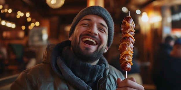 Photo a joyful man smiles while holding a delicious skewer of food the setting is warm and inviting perfect for food lovers this image captures the essence of culinary delight ai