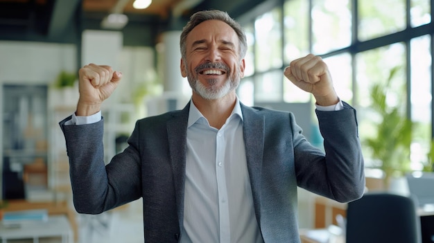 Photo a joyful man in a suit celebrates success with raised fists in a modern office setting