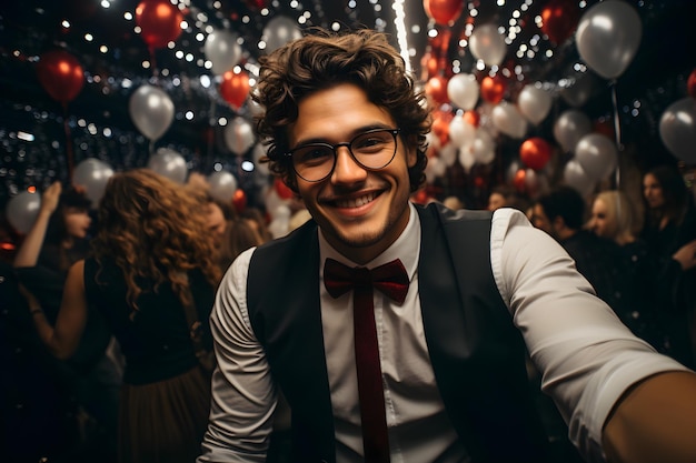 Joyful man taking a selfie at a New Year's party