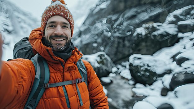 Joyful man in winter gear taking a selfie with snowy landscape