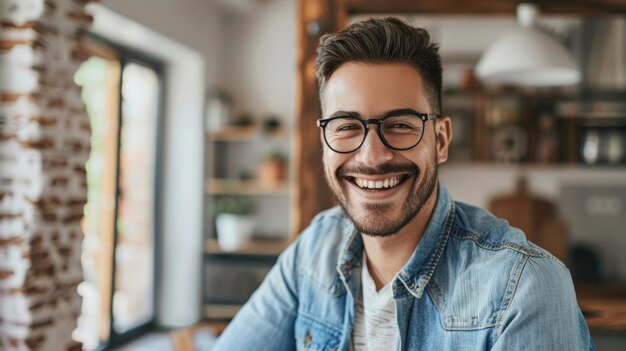 Joyful man with glasses beams with a contagious smile in a cozy home setting