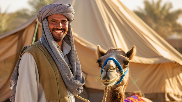 Photo a joyful man with a traditional headscarf stands beside his camel in front of a desert tent highlighting cultural heritage and companionship