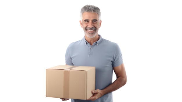 Joyful MiddleAged Gentleman with Cardboard Box A Cheerful Image Against a Bright White BackdropxA