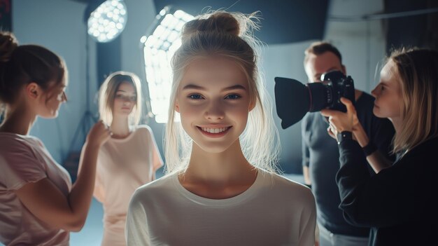 Photo a joyful model surrounded by a creative team in a studio