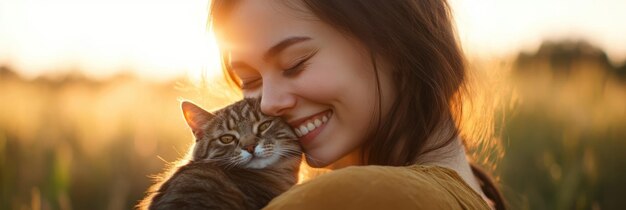 A joyful moment between a girl and her cat in a sunlit field