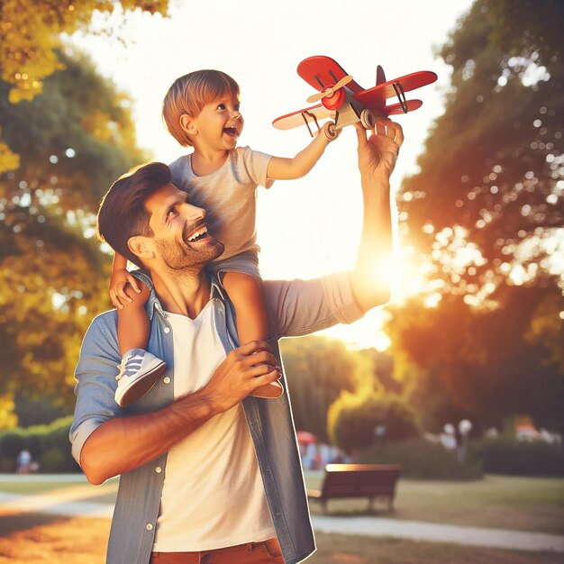 Photo joyful moments father and son adventure with a toy plane at sunset