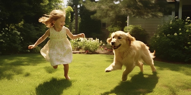 Joyful Moments Little Girl Running in the Grass with Her Golden Retriever