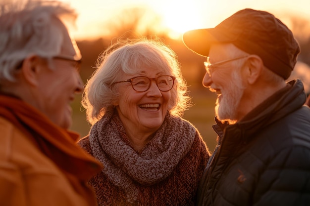 Joyful moments shared among friends during a beautiful sunset The warmth of friendship shines through smiles and laughter Capturing precious memories together Generative AI