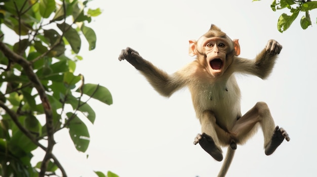 Photo joyful monkey in midair expressing laughter amidst nature