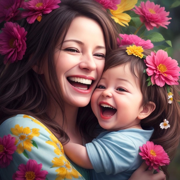 A joyful mother and beautiful baby embrace their smiles radiating pure love and happiness