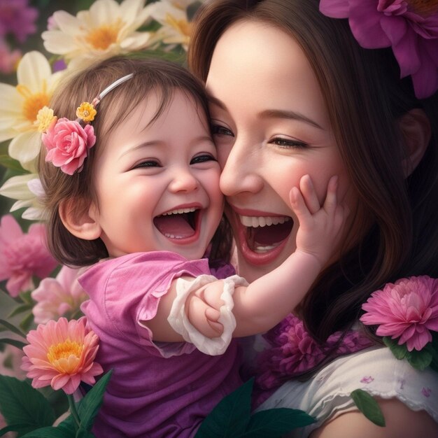 A joyful mother and beautiful baby embrace their smiles radiating pure love and happiness