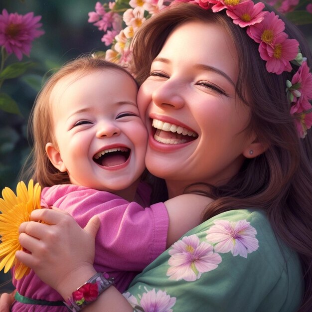 A joyful mother and beautiful baby embrace their smiles radiating pure love and happiness