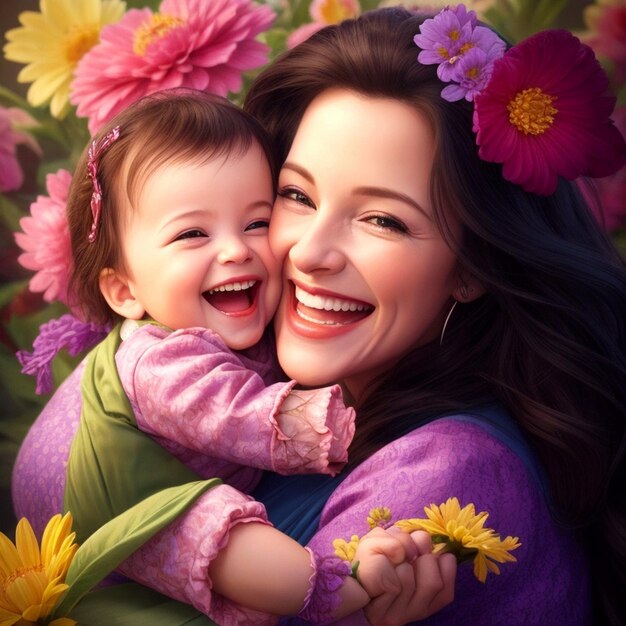 A joyful mother and beautiful baby embrace their smiles radiating pure love and happiness