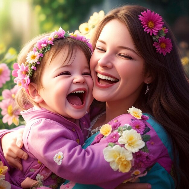 A joyful mother and beautiful baby embrace their smiles radiating pure love and happiness