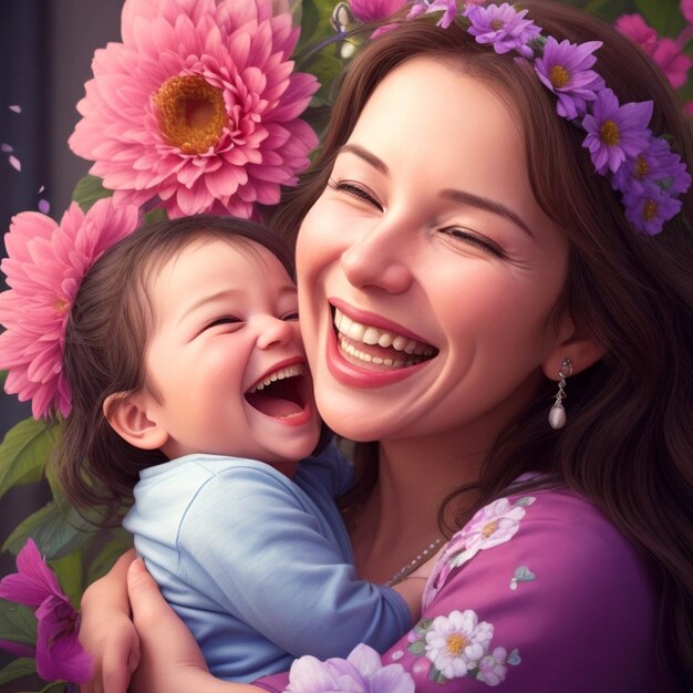 A joyful mother and beautiful baby embrace their smiles radiating pure love and happiness