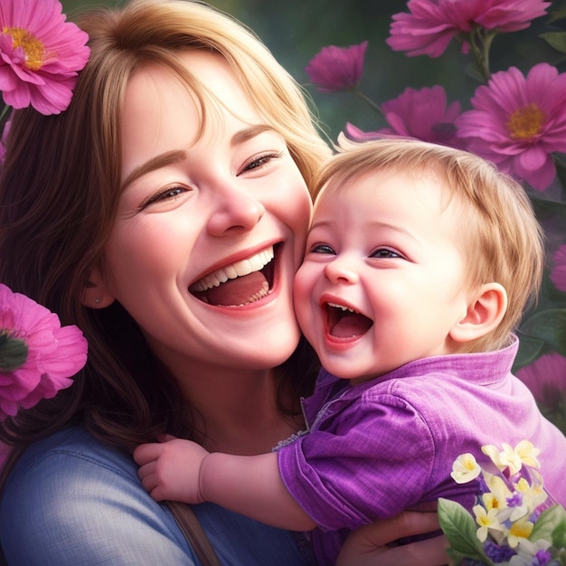 A joyful mother and beautiful baby embrace their smiles radiating pure love and happiness