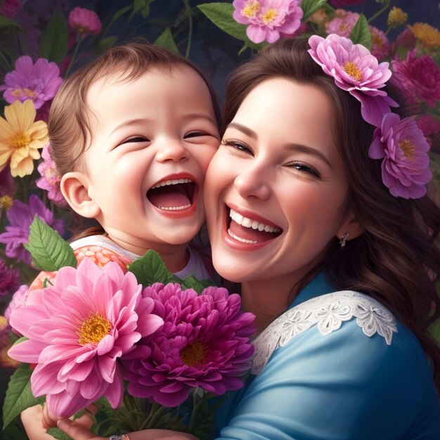 A joyful mother and beautiful baby embrace their smiles radiating pure love and happiness