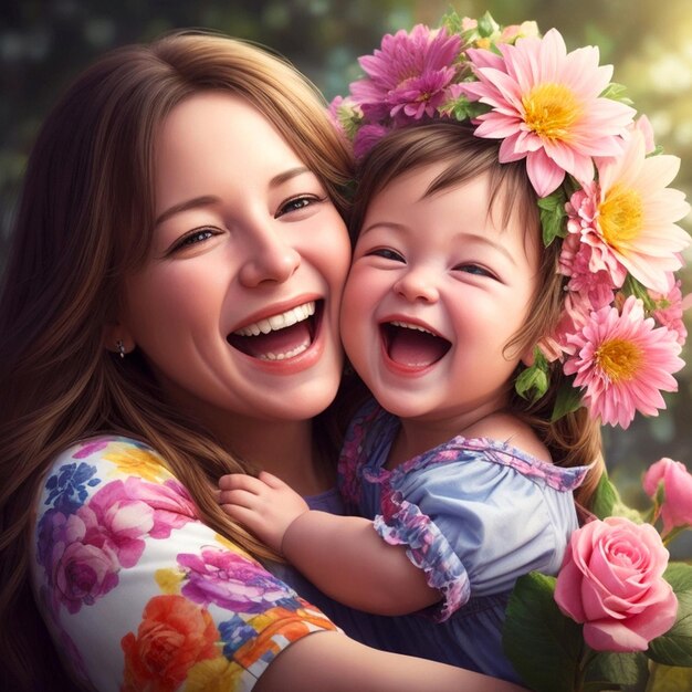 A joyful mother and beautiful baby embrace their smiles radiating pure love and happiness