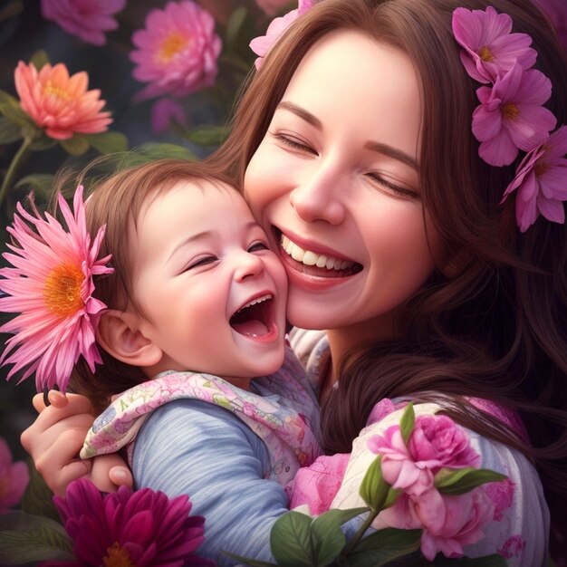 A joyful mother and beautiful baby embrace their smiles radiating pure love and happiness