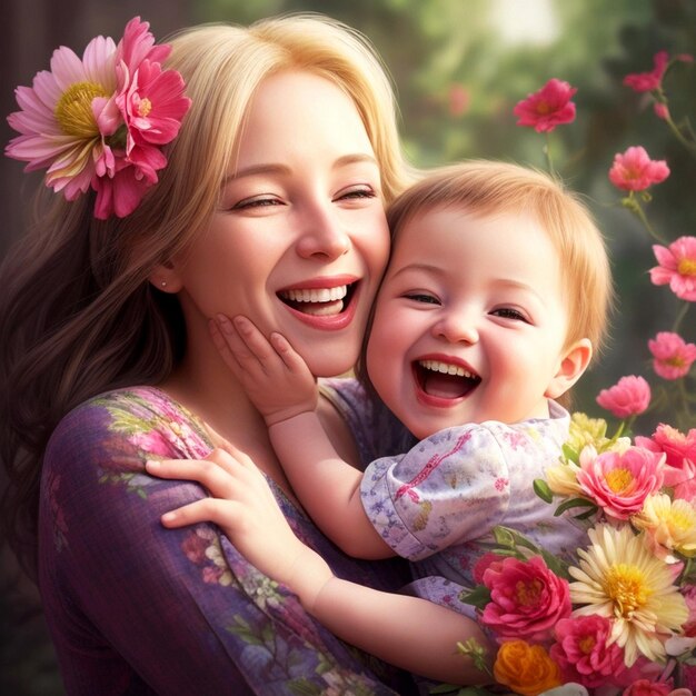 A joyful mother and beautiful baby embrace their smiles radiating pure love and happiness