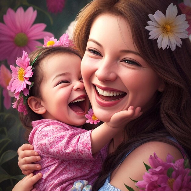 A joyful mother and beautiful baby embrace their smiles radiating pure love and happiness