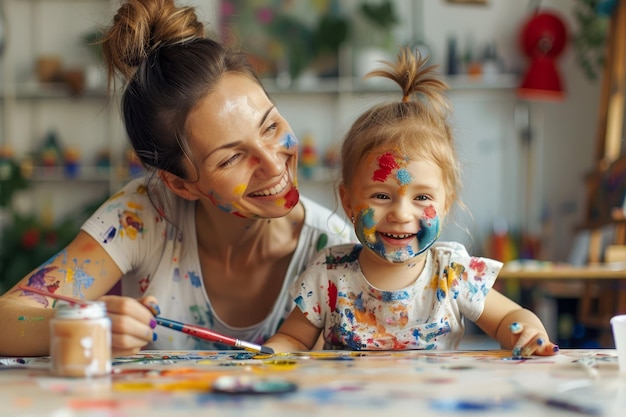 Photo joyful mother and child covered in paint enjoying art activities together creative family fun