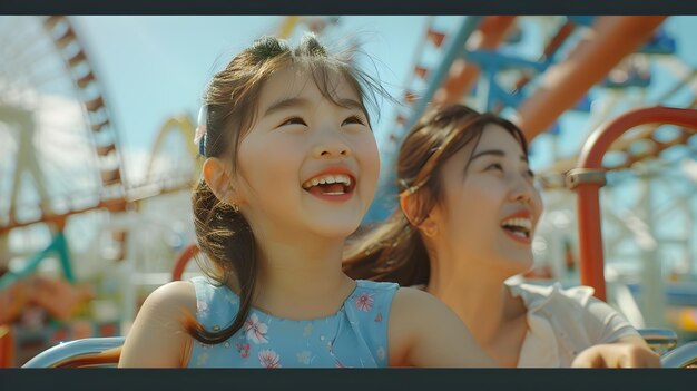 Joyful Mother and Daughter Riding the Rollercoaster at the Carnival in Stylish Attire