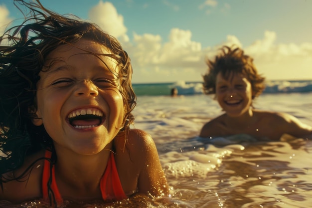 Photo joyful mother and toddler son laughing together by the sea during sunset both enjoying a playful and loving moment