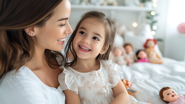 Joyful MotherDaughter Bond in Bright Tidy Bedroom