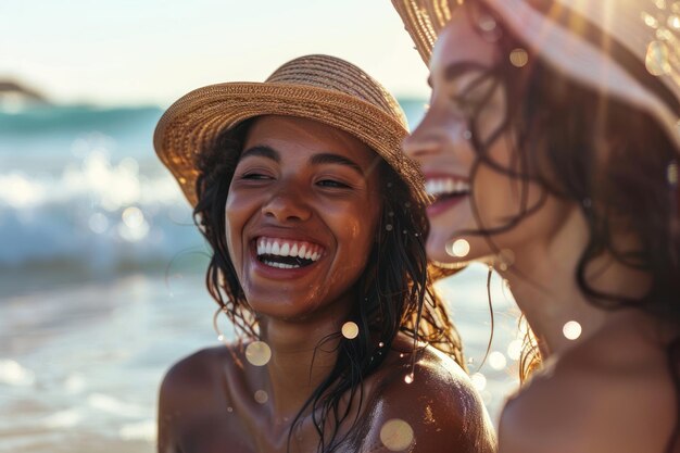 Photo joyful multiethnic women laughing in the sea wearing stylish hats and swimwear with sunlit water droplets around