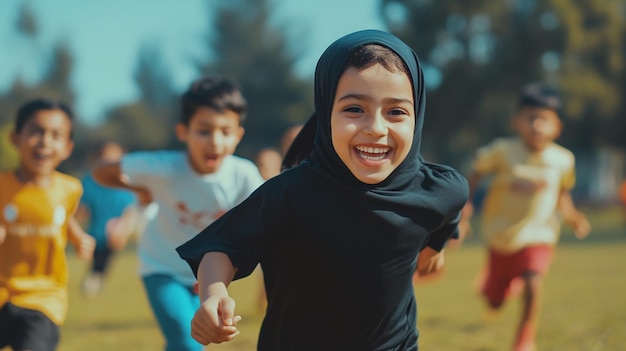 Photo joyful muslim family engaging in community sports event together for fun and fitness