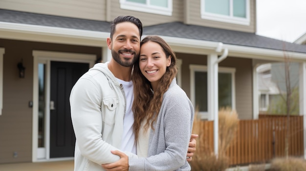 Joyful Newlyweds in Front of Their Dream Home