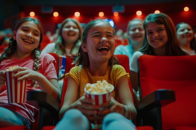 A joyful night at the movies Children are laughing and enjoying a film The warm atmosphere and bright colors create a fun experience Memories are made here Generative AI